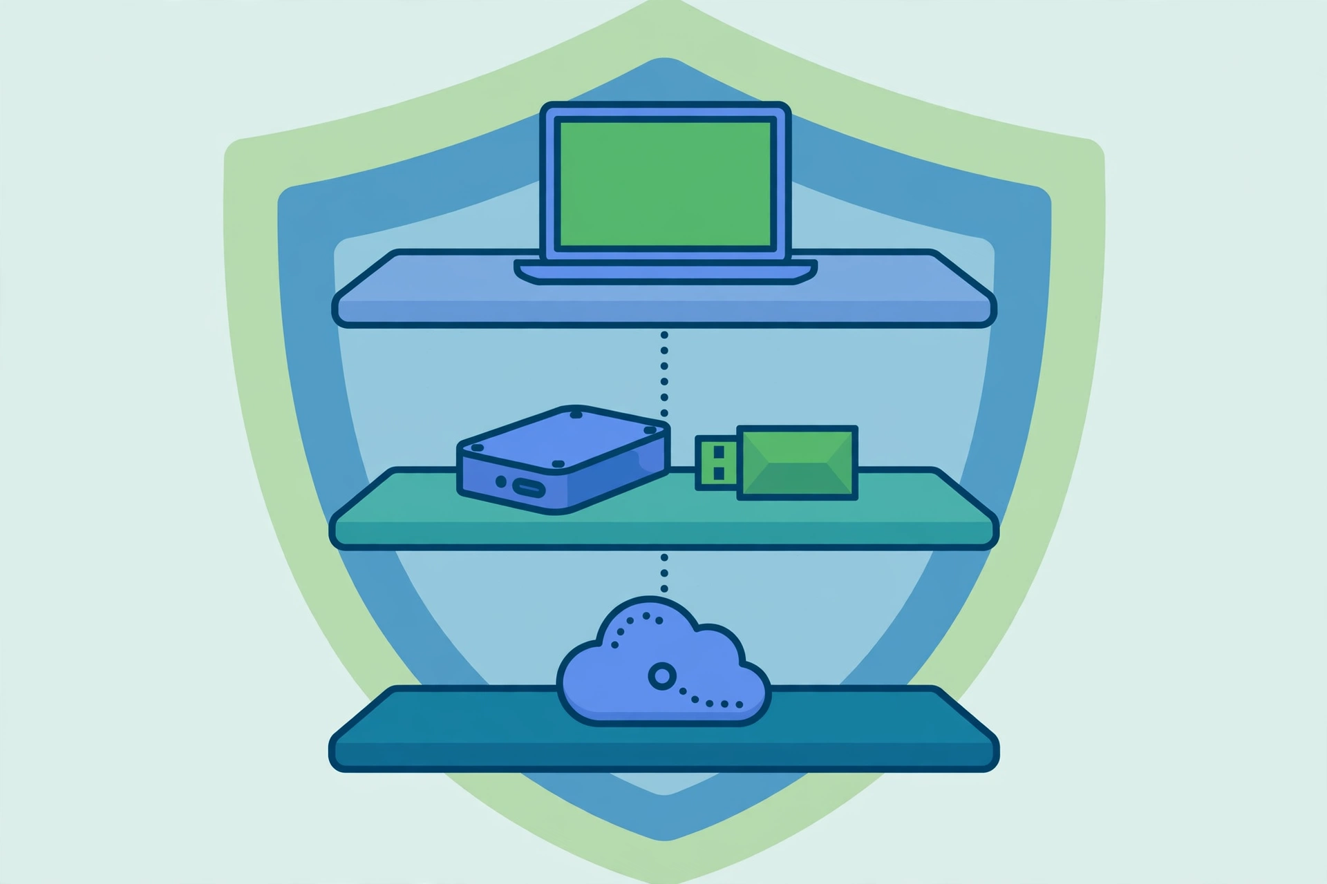 Illustration of the 3-2-1 backup rule with a laptop, two storage devices and an offsite cloud