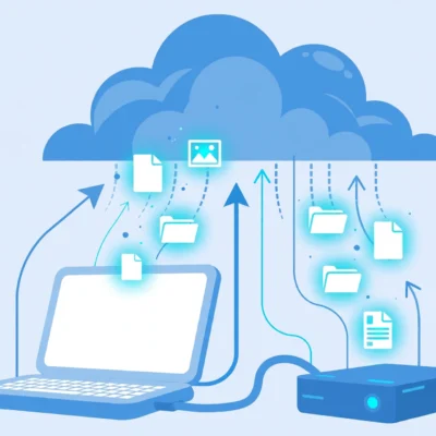 Illustration of a laptop backing up files to an external hard drive and a cloud server