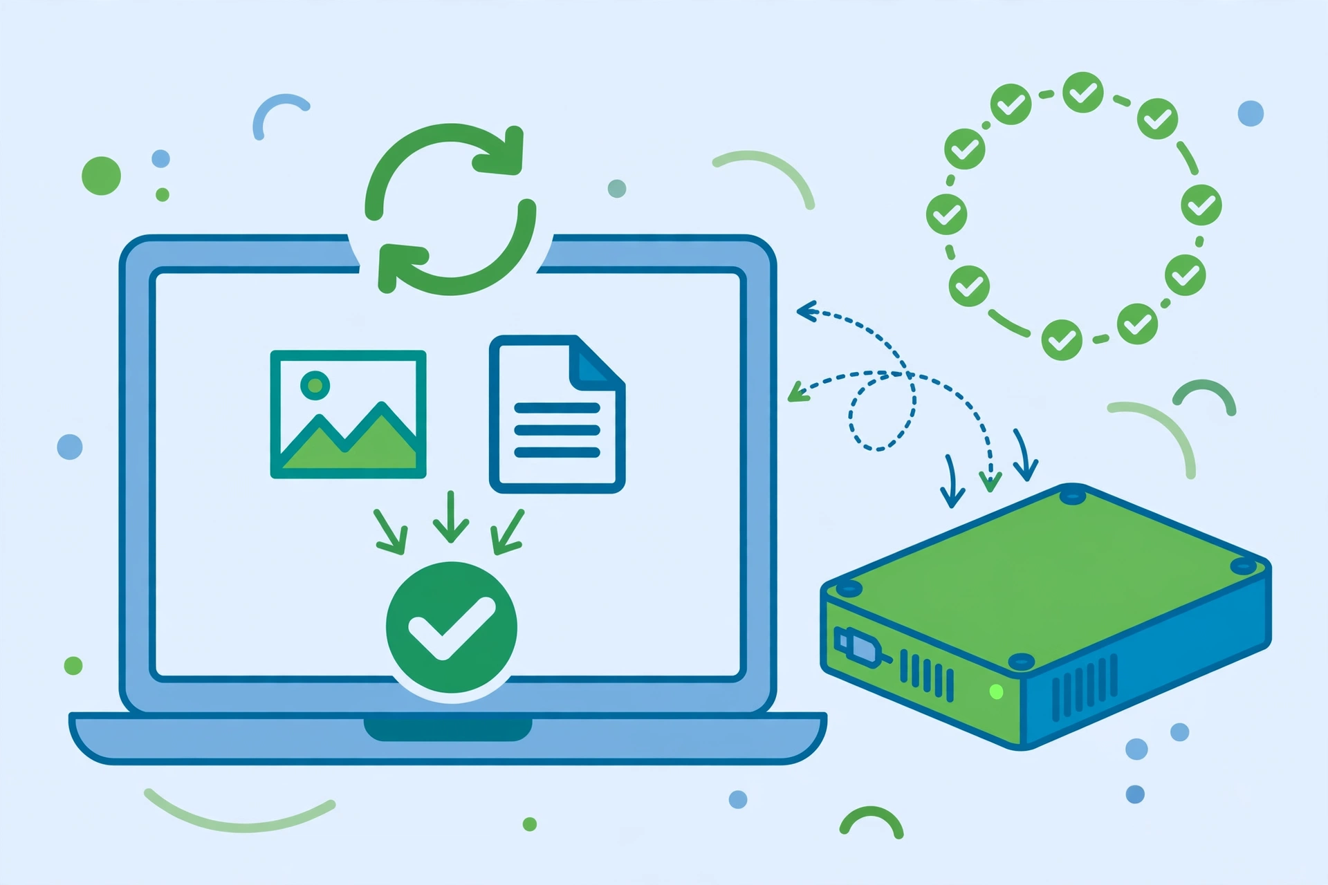 Illustration of restoring photos and documents from a backup to a laptop