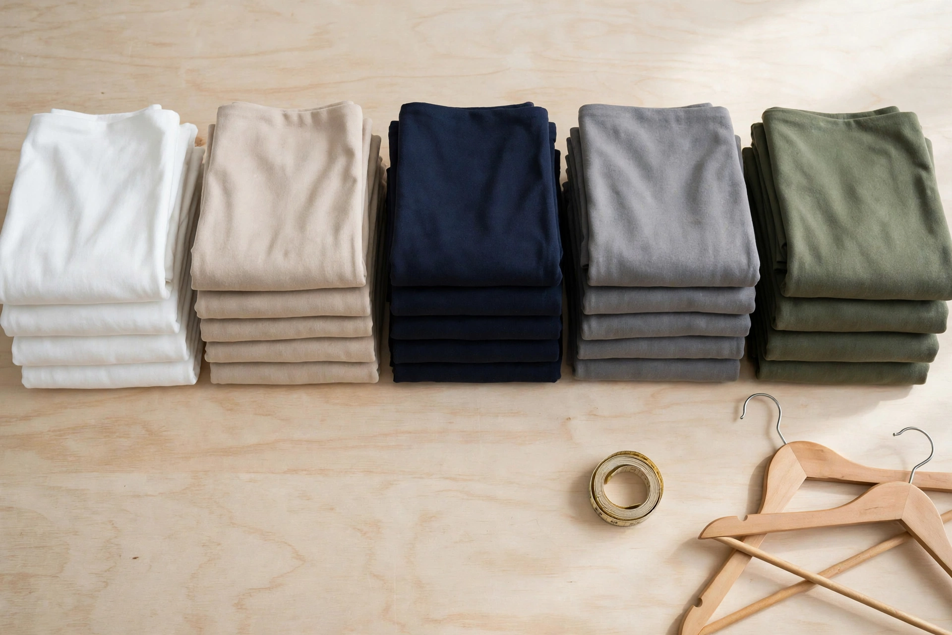 Folded clothes organized by color palette with a measuring tape and hangers