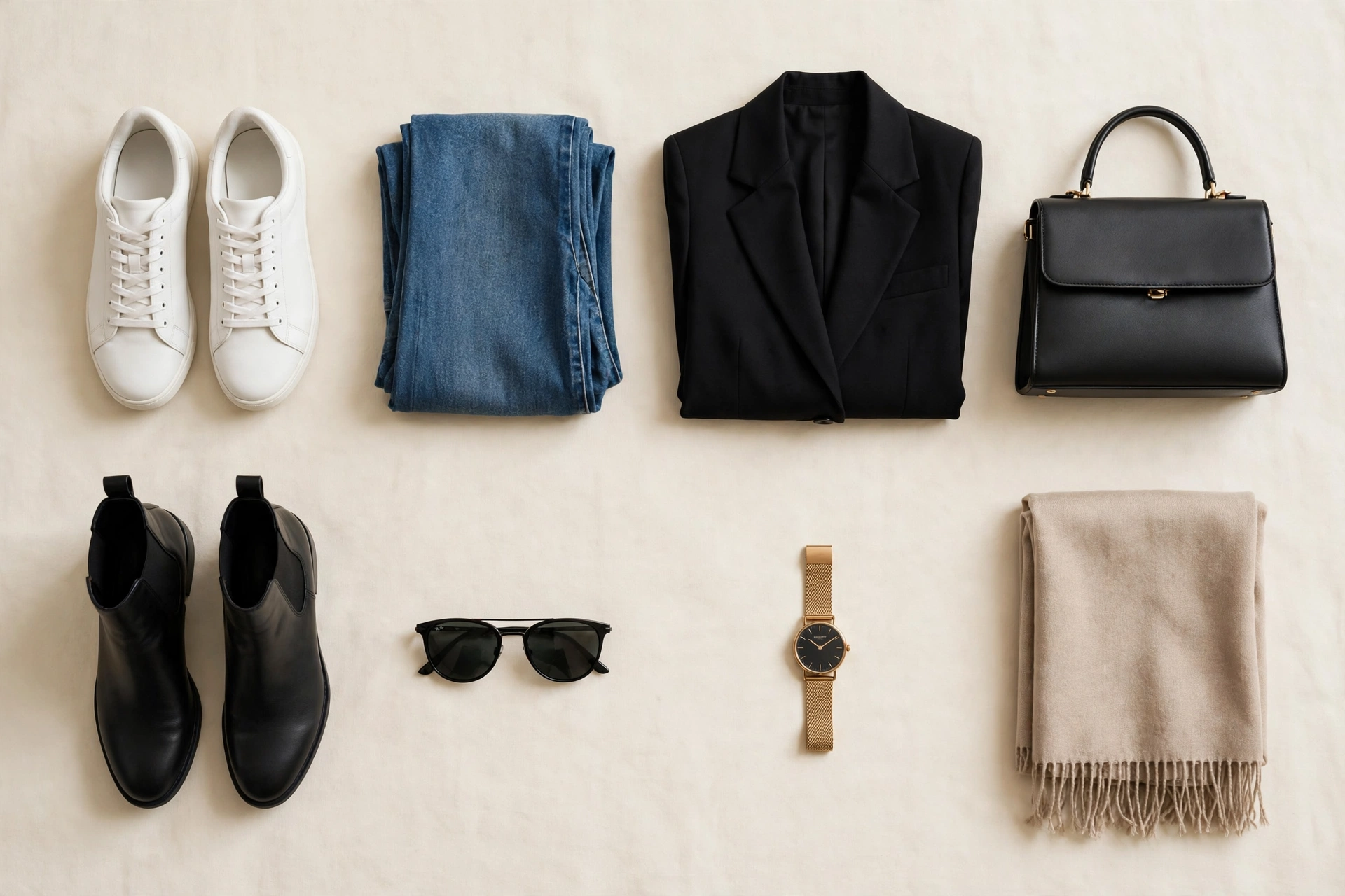 Flat lay of essential wardrobe pieces including shoes, bag, and blazer