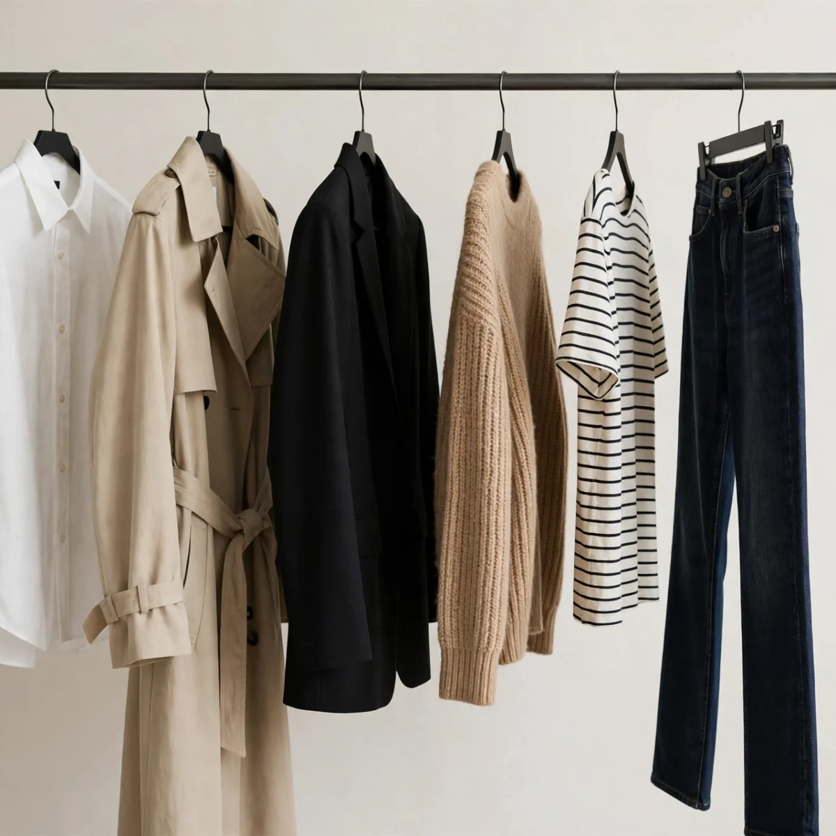 Capsule wardrobe essentials arranged on a clothing rack in neutral tones