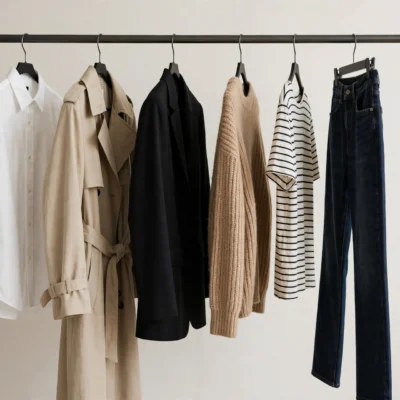 Capsule wardrobe essentials arranged on a clothing rack in neutral tones