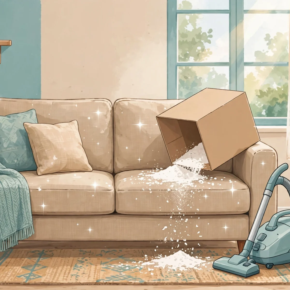 How to clean a fabric couch with baking soda: powder sprinkled from box onto sofa with vacuum nearby
