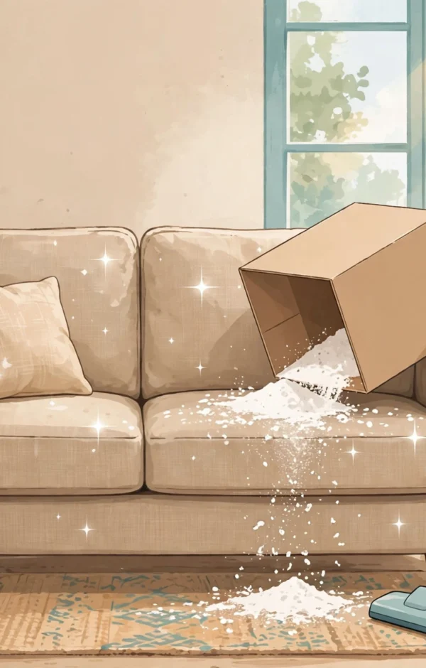 How to clean a fabric couch with baking soda: powder sprinkled from box onto sofa with vacuum nearby