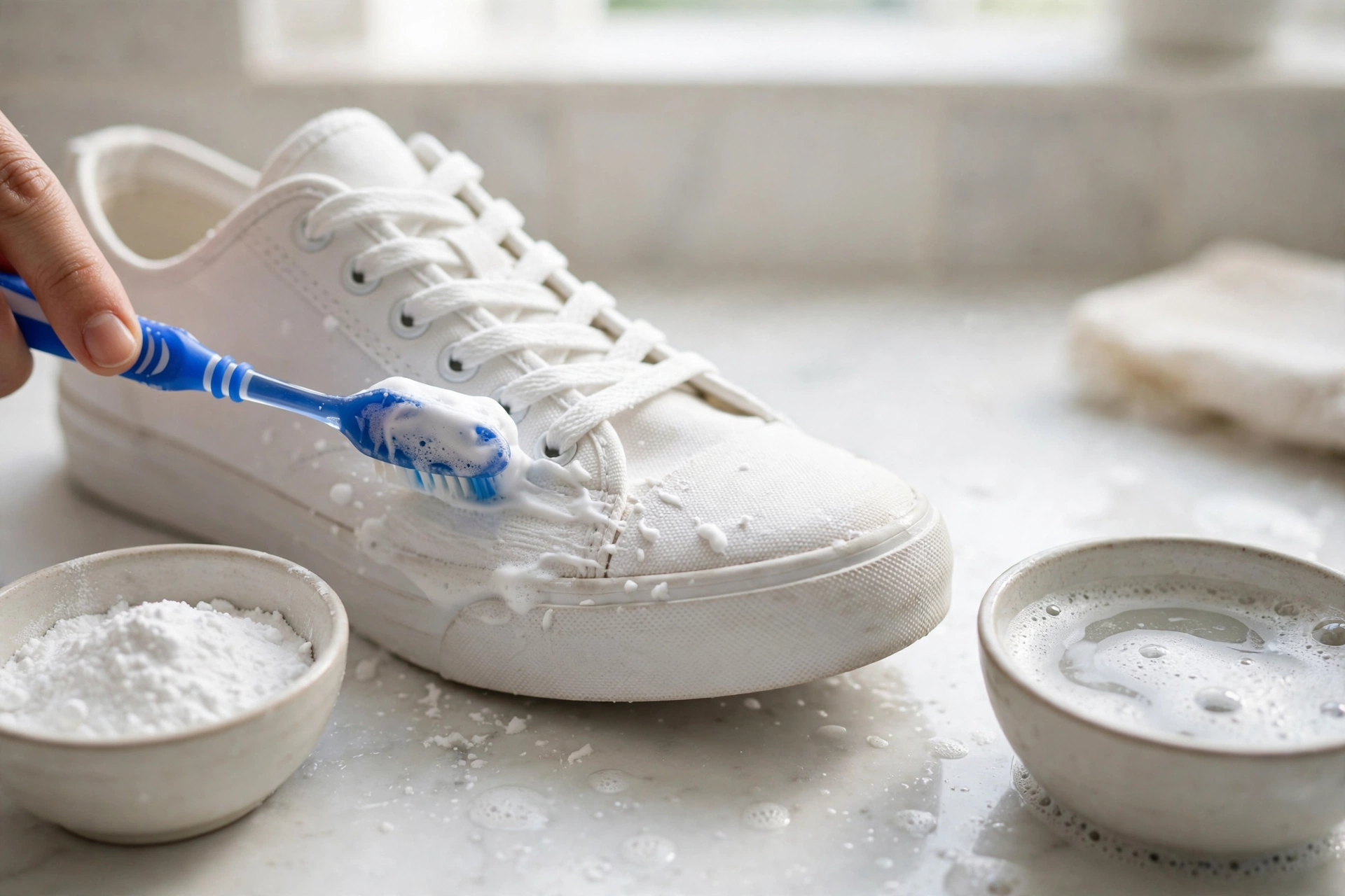 Scrubbing a white canvas sneaker with a toothbrush and baking soda paste