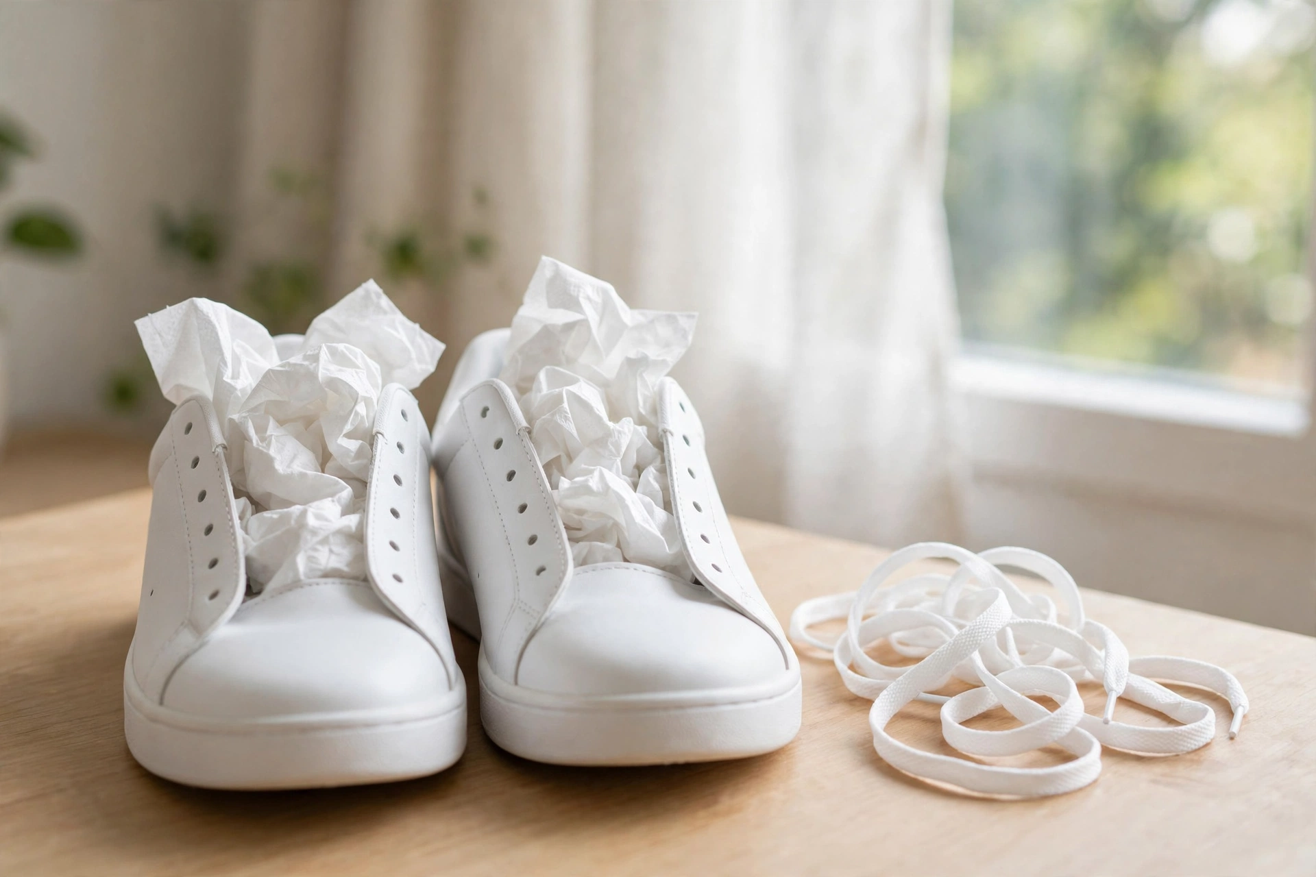 Clean white sneakers stuffed with paper towels air drying by a window