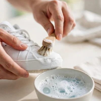 Hands cleaning a white sneaker with a brush and soapy water