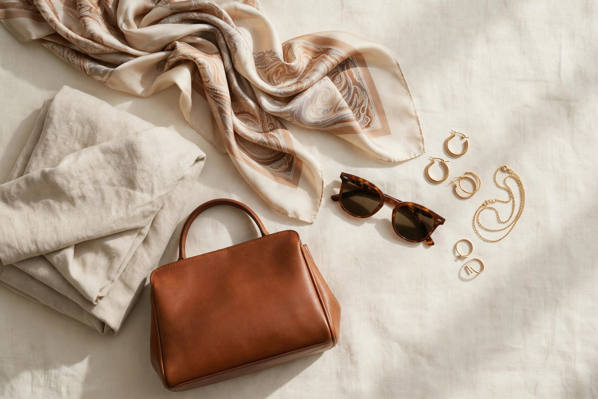 Flat lay of signature style accessories including scarf, jewelry, and handbag