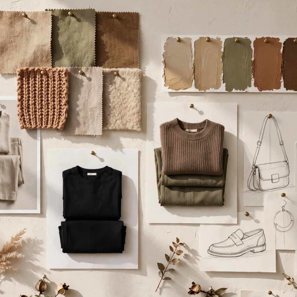 Fashion mood board with fabric swatches, color palette, and outfit sketches