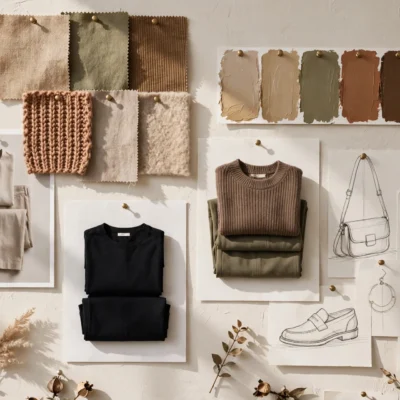 Fashion mood board with fabric swatches, color palette, and outfit sketches