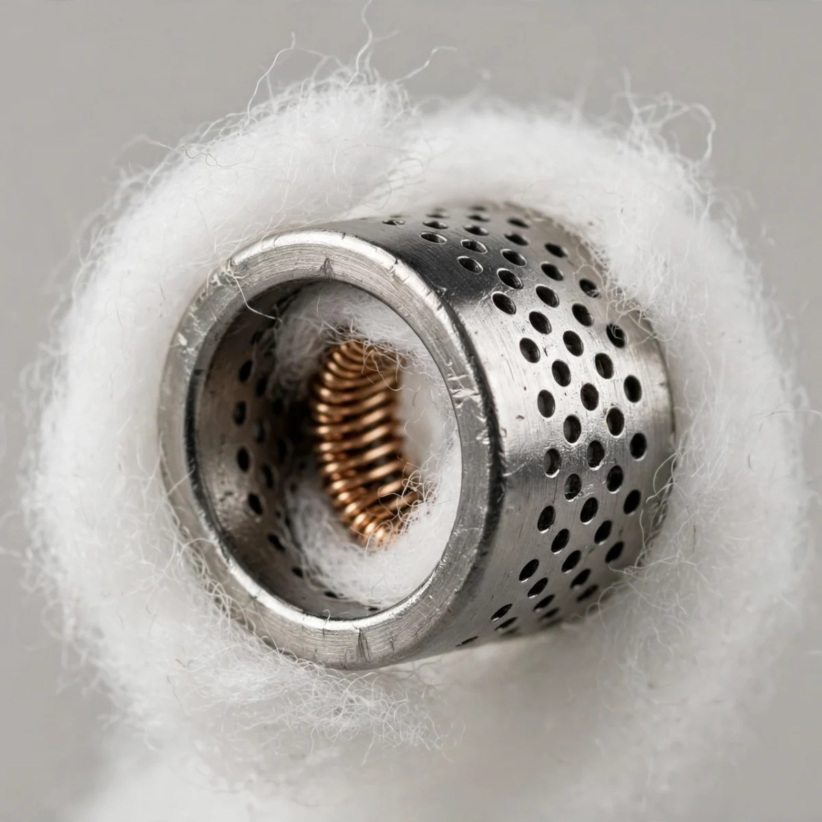 Close-up of a vape coil head showing cotton wicking material