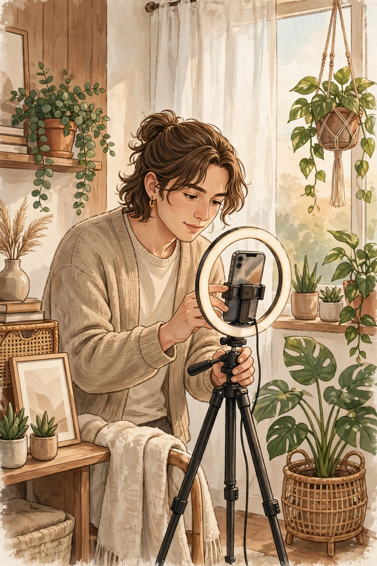 Content creator filming an Instagram Reel with a smartphone on a tripod and ring light