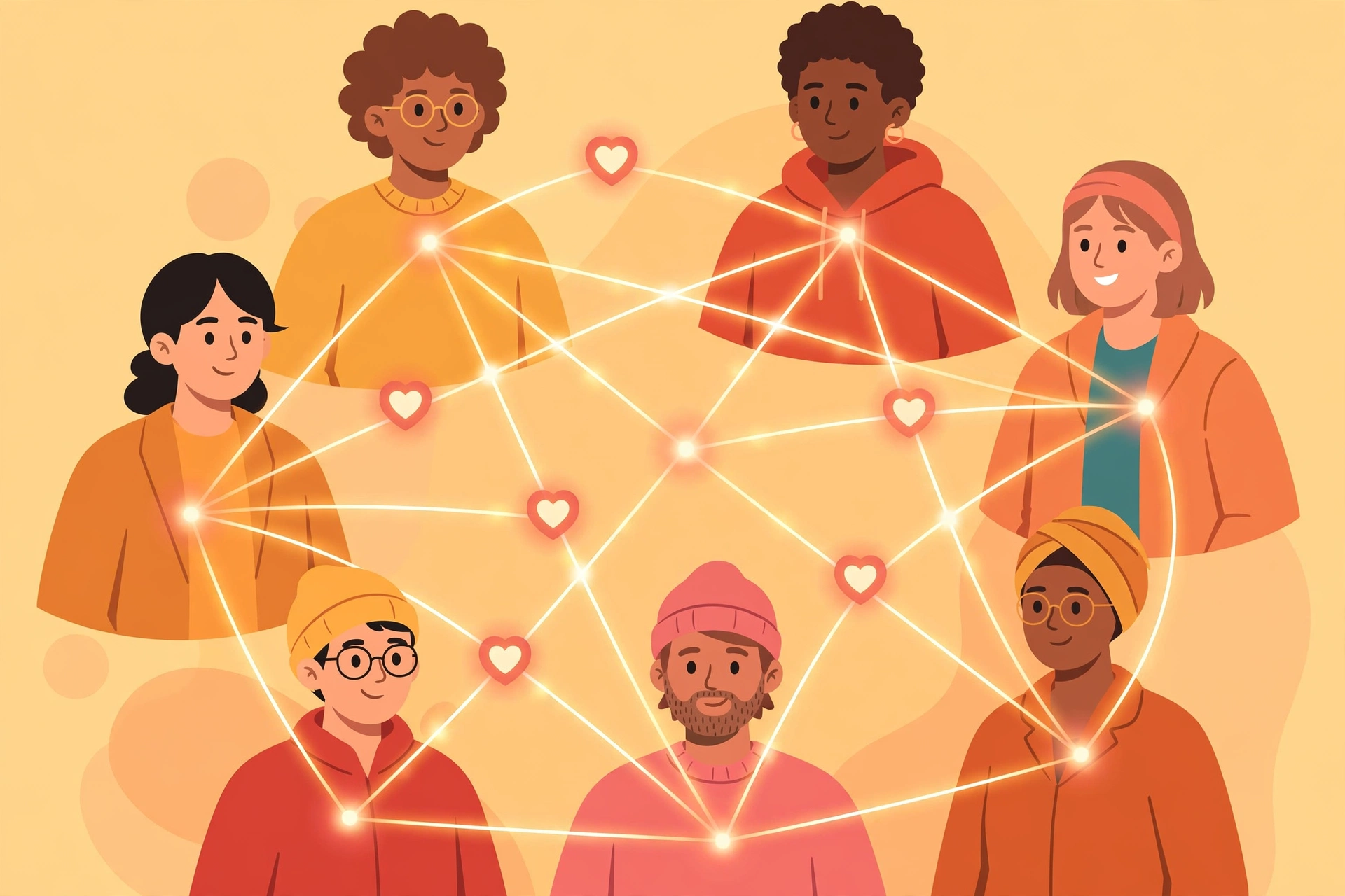 Diverse community connected by a glowing network of hearts representing Instagram engagement