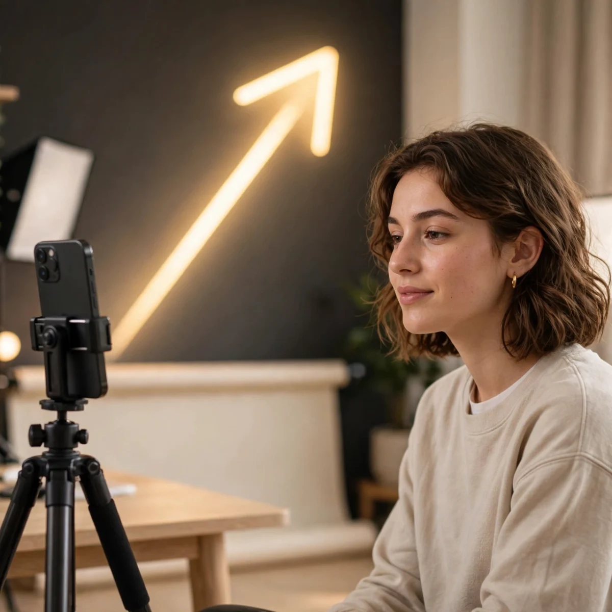 Creator filming TikTok videos in a home studio with a glowing growth arrow