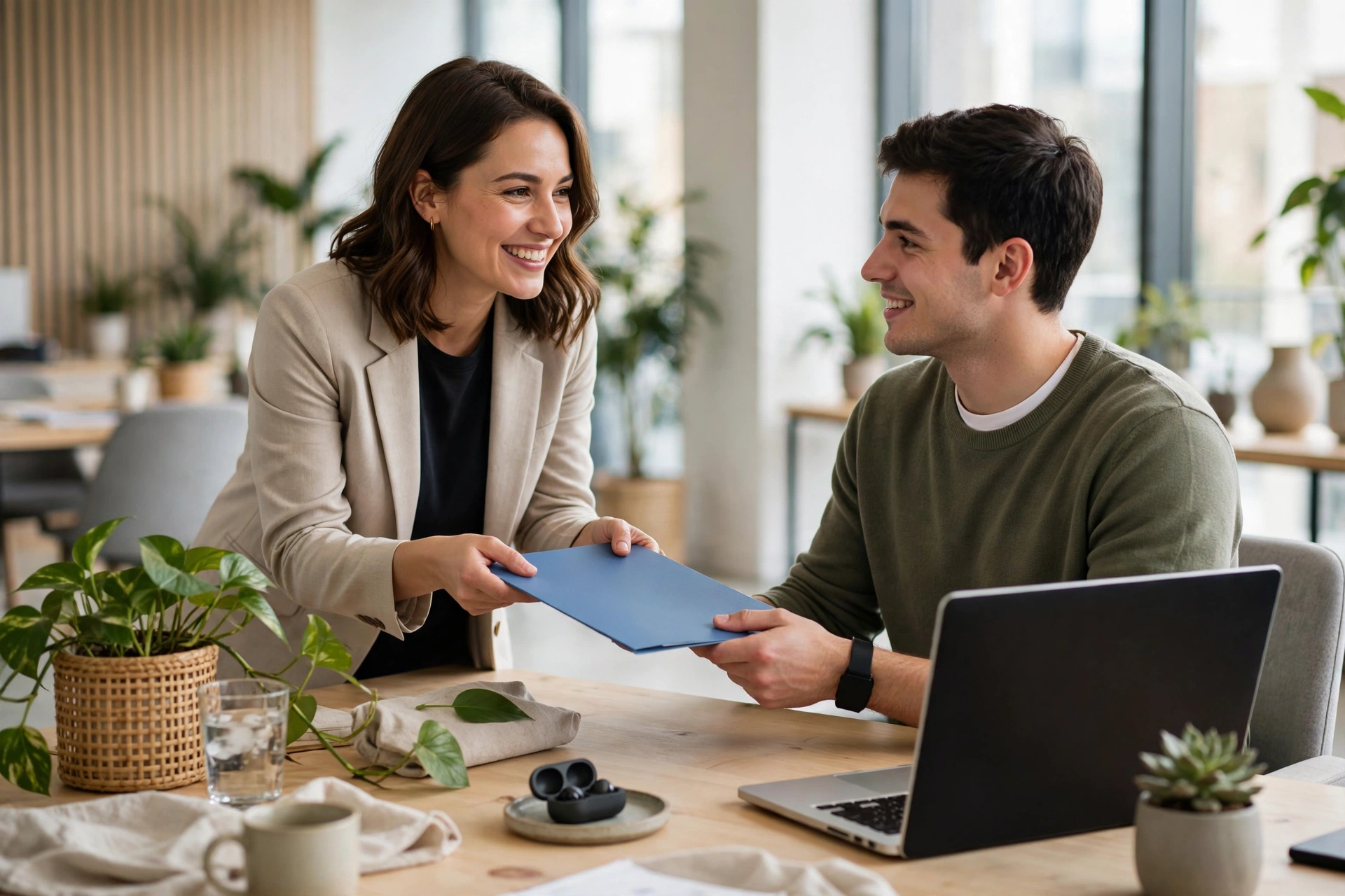 Onboarding a new first employee with welcome paperwork in a bright office