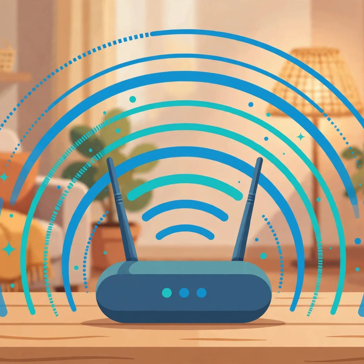 Illustration of a home Wi-Fi router with signal waves filling a living room
