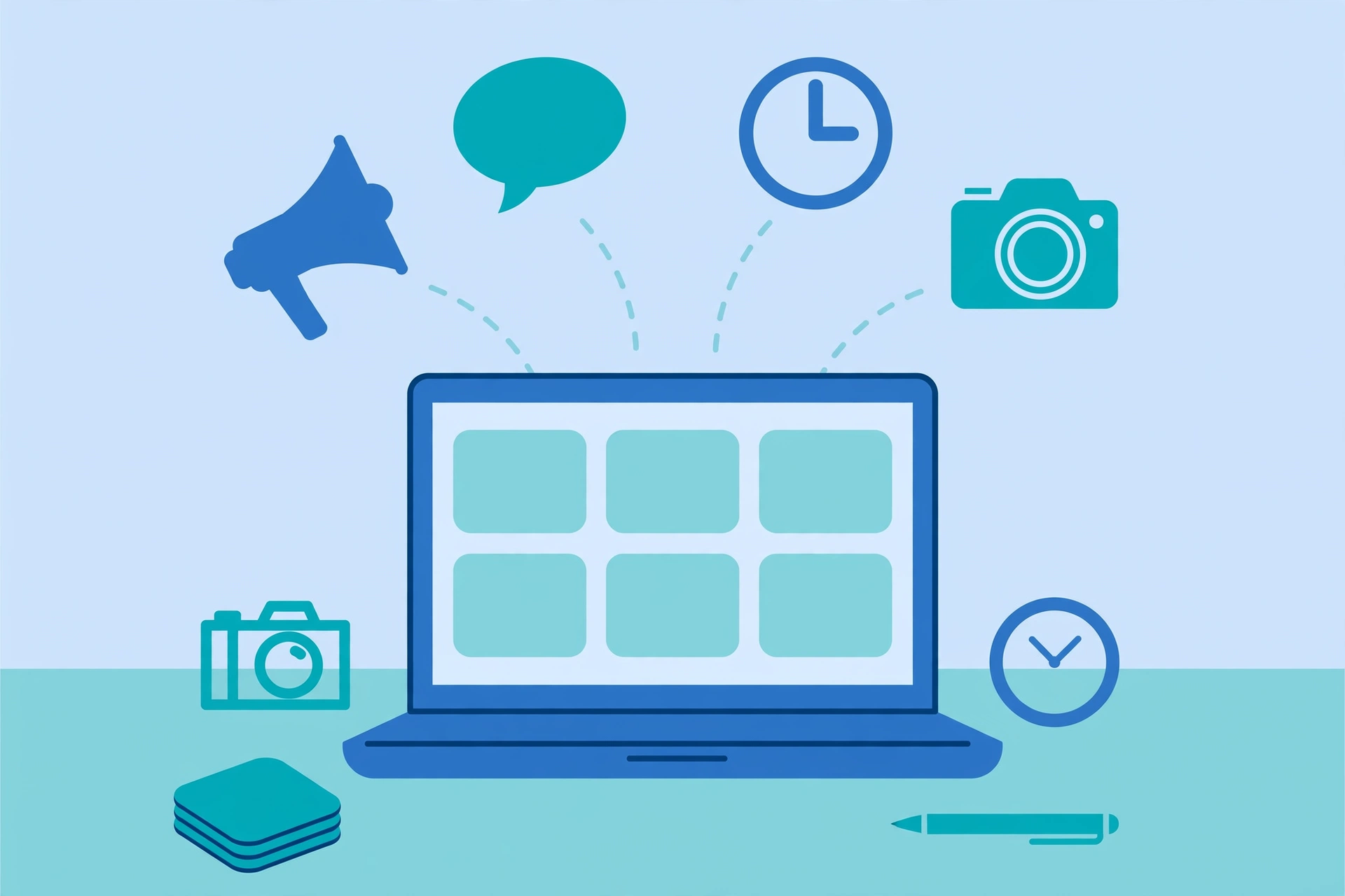 Illustration of a social media content planning setup with a laptop, megaphone, and scheduling icons for Facebook posts