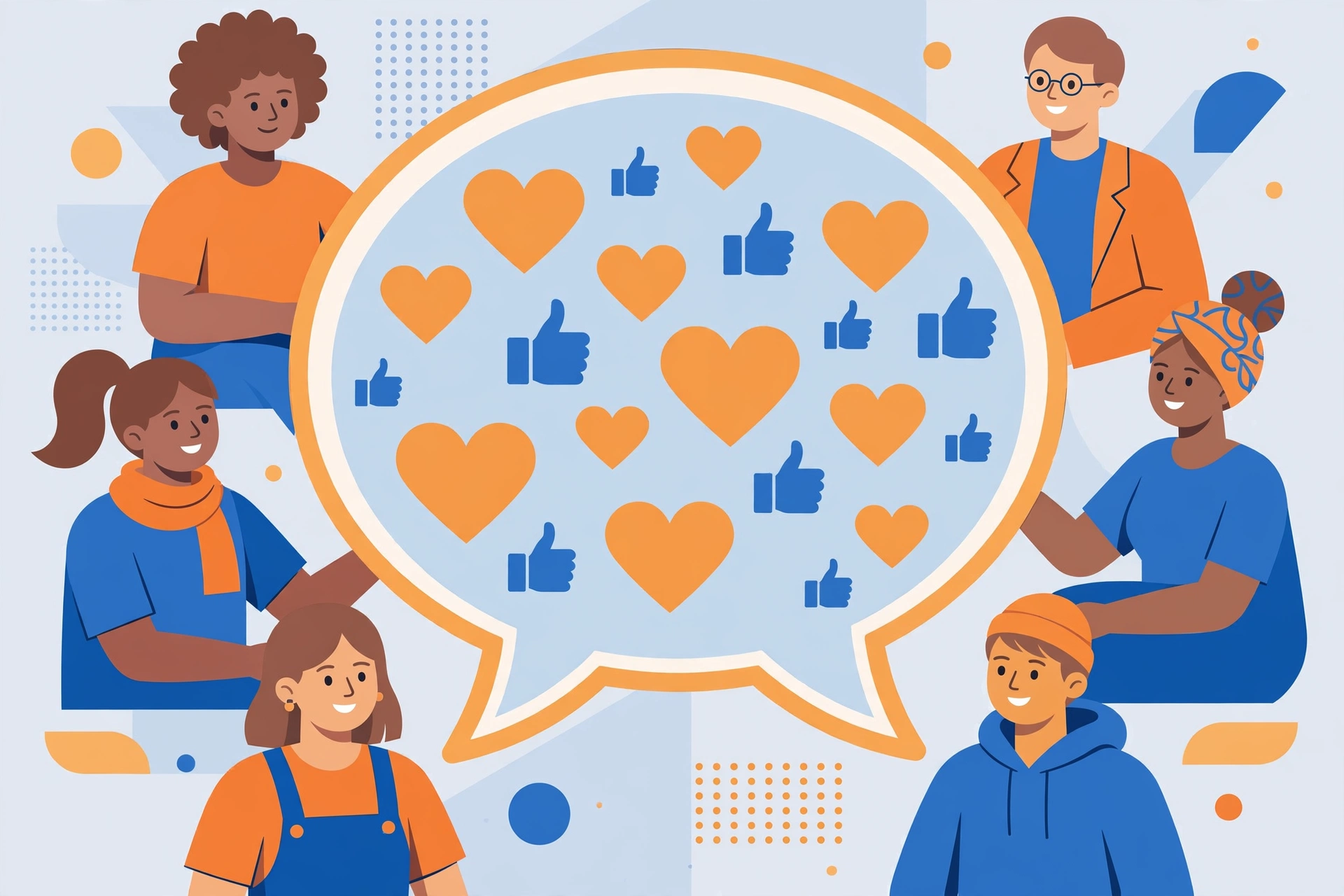 Illustration of a community of people gathered around a large speech bubble filled with hearts and like icons
