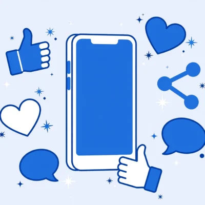 Illustration of a smartphone surrounded by Facebook engagement icons including thumbs up, hearts, and comment bubbles