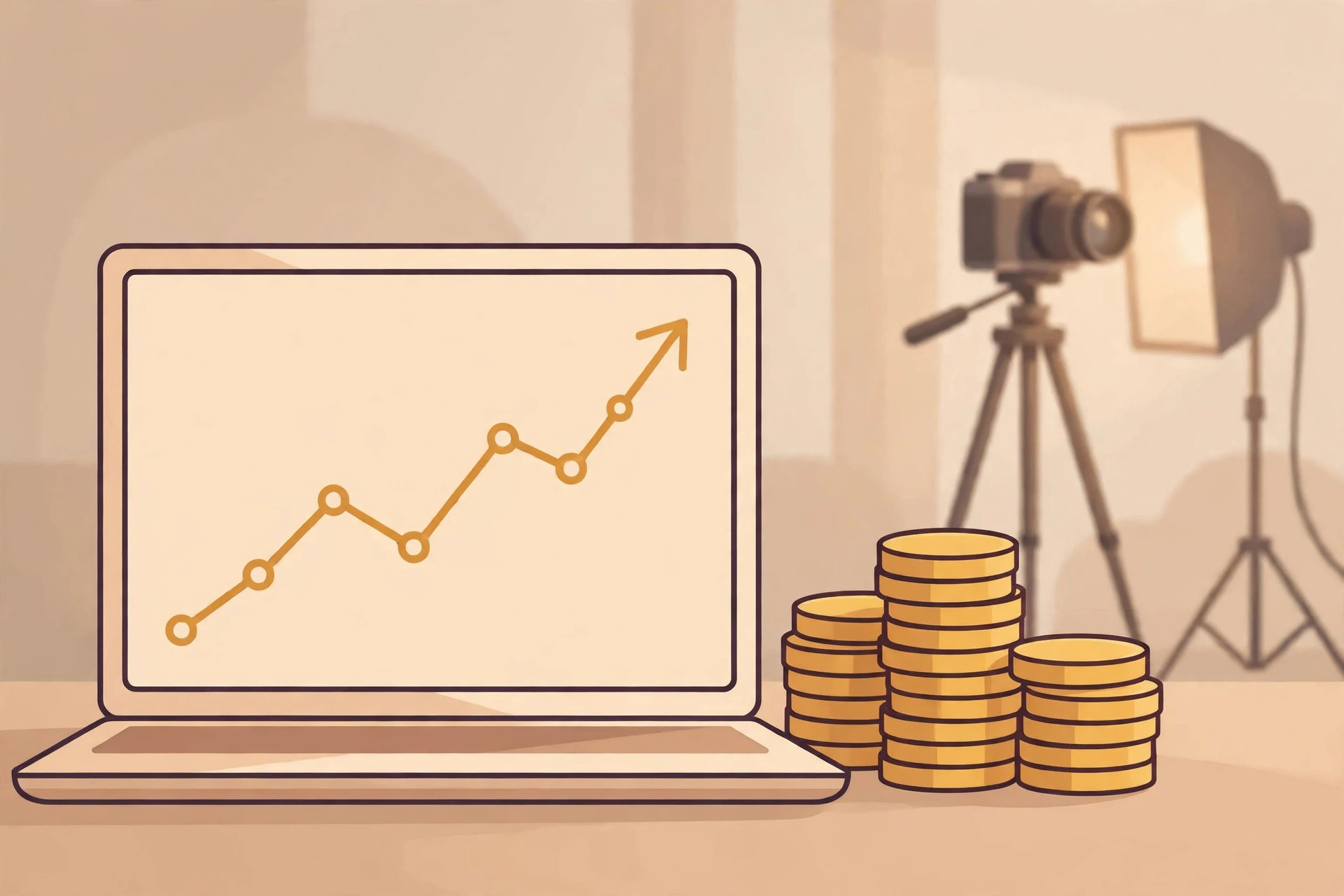 Laptop with a rising analytics graph and stacked coins next to a camera, illustrating YouTube channel growth and earnings