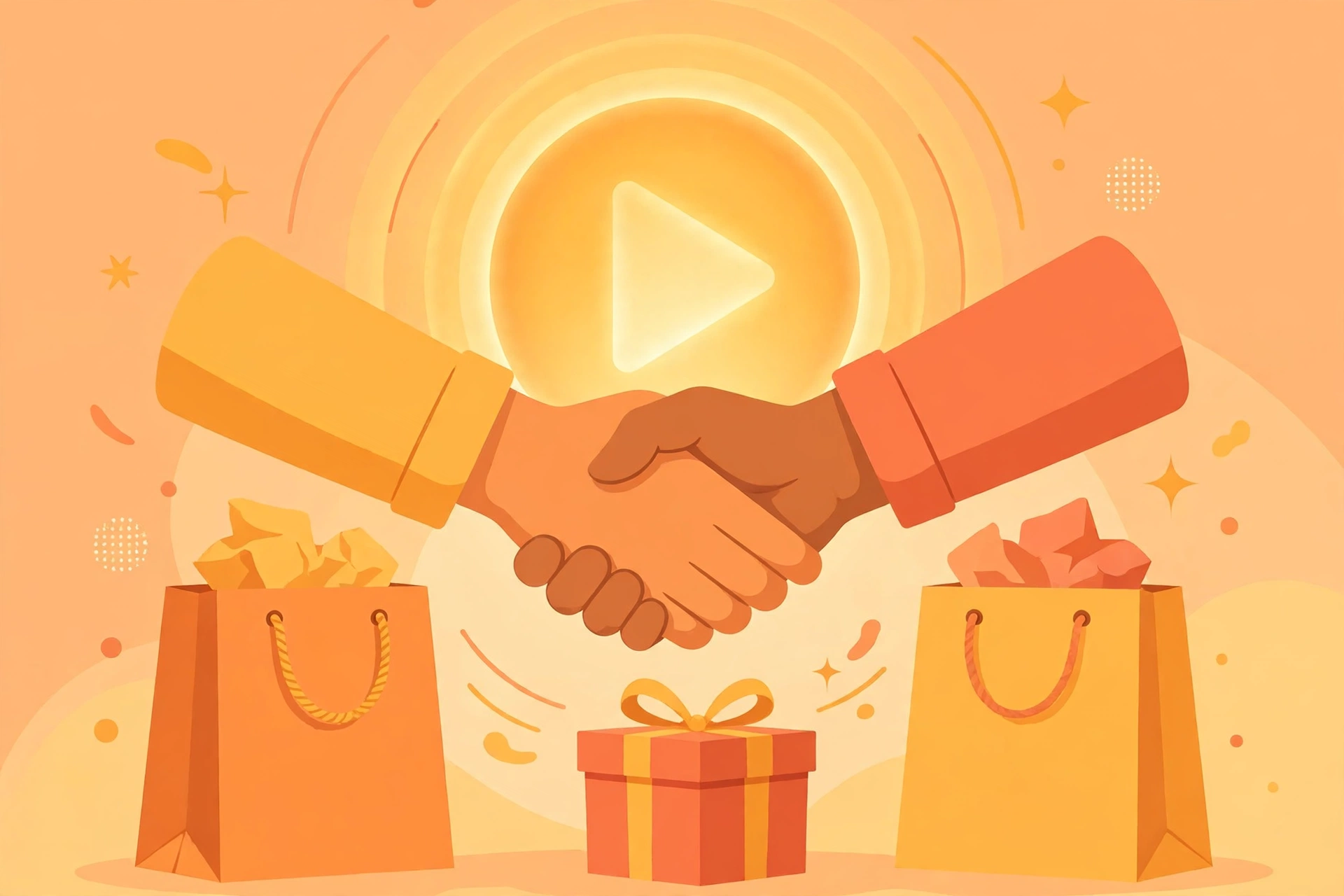Handshake in front of a glowing video play button with shopping bags, representing YouTube sponsorships and brand deals