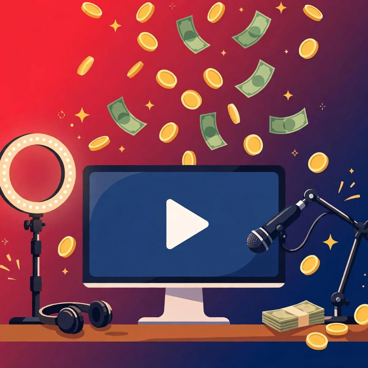 Creator desk illustration with a video play button on screen, ring light, microphone, and coins representing making money on YouTube