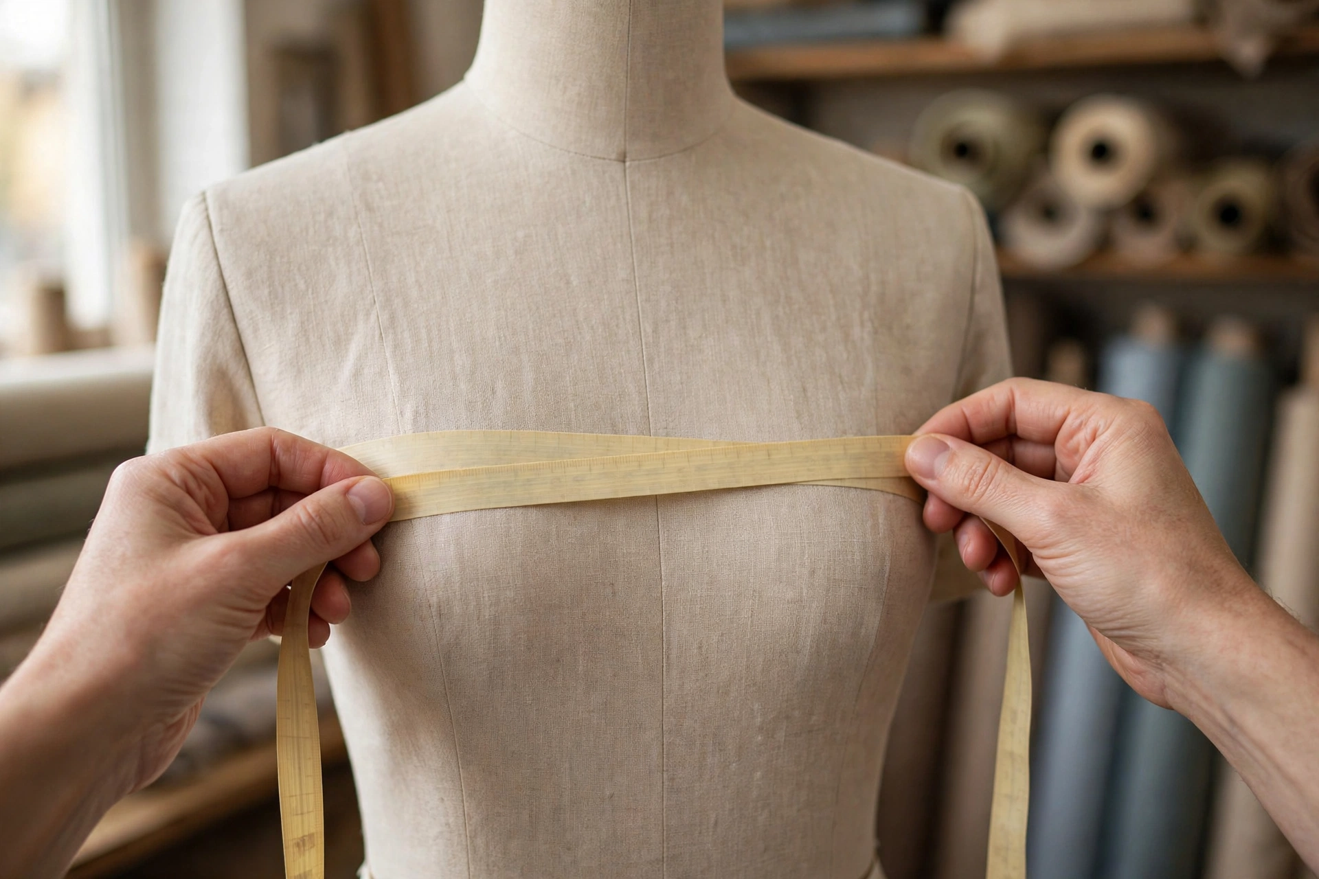 Hands measuring a dress form with a soft measuring tape in a tailor studio