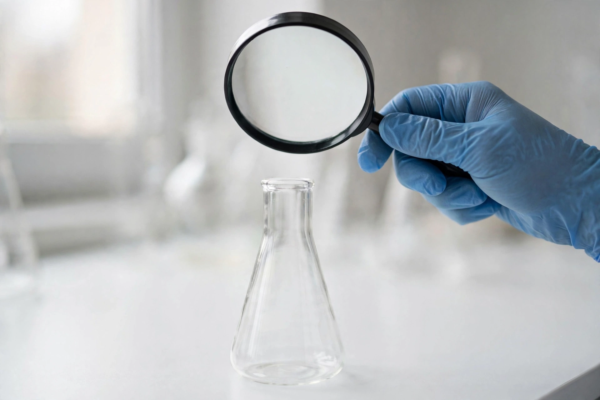 Gloved hand holding a magnifying glass over a laboratory flask