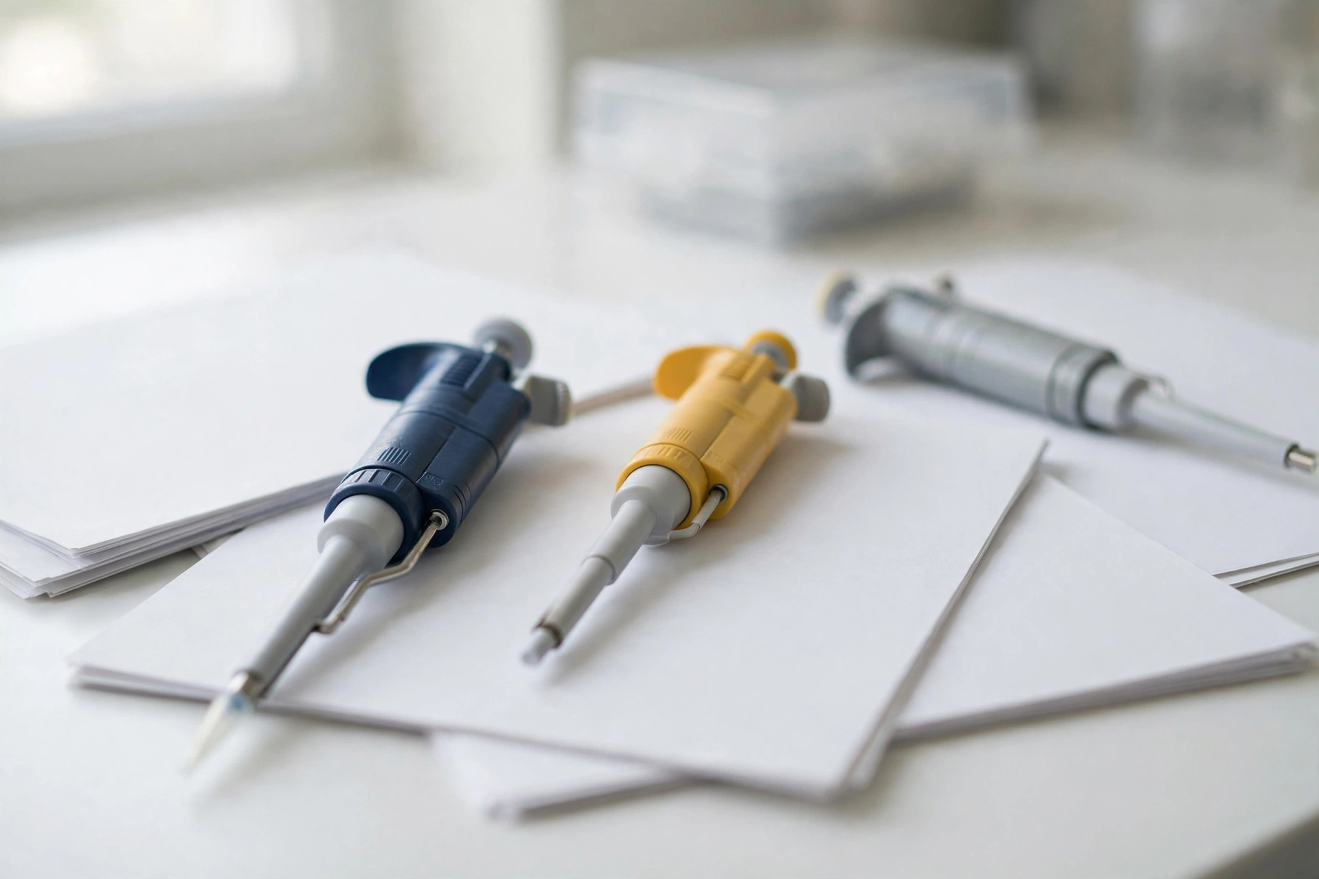 Laboratory pipettes resting on blank documents on a white lab bench