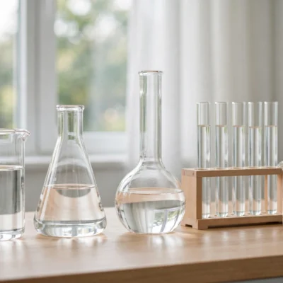 Glass beakers, flasks and test tubes on a laboratory desk in soft daylight