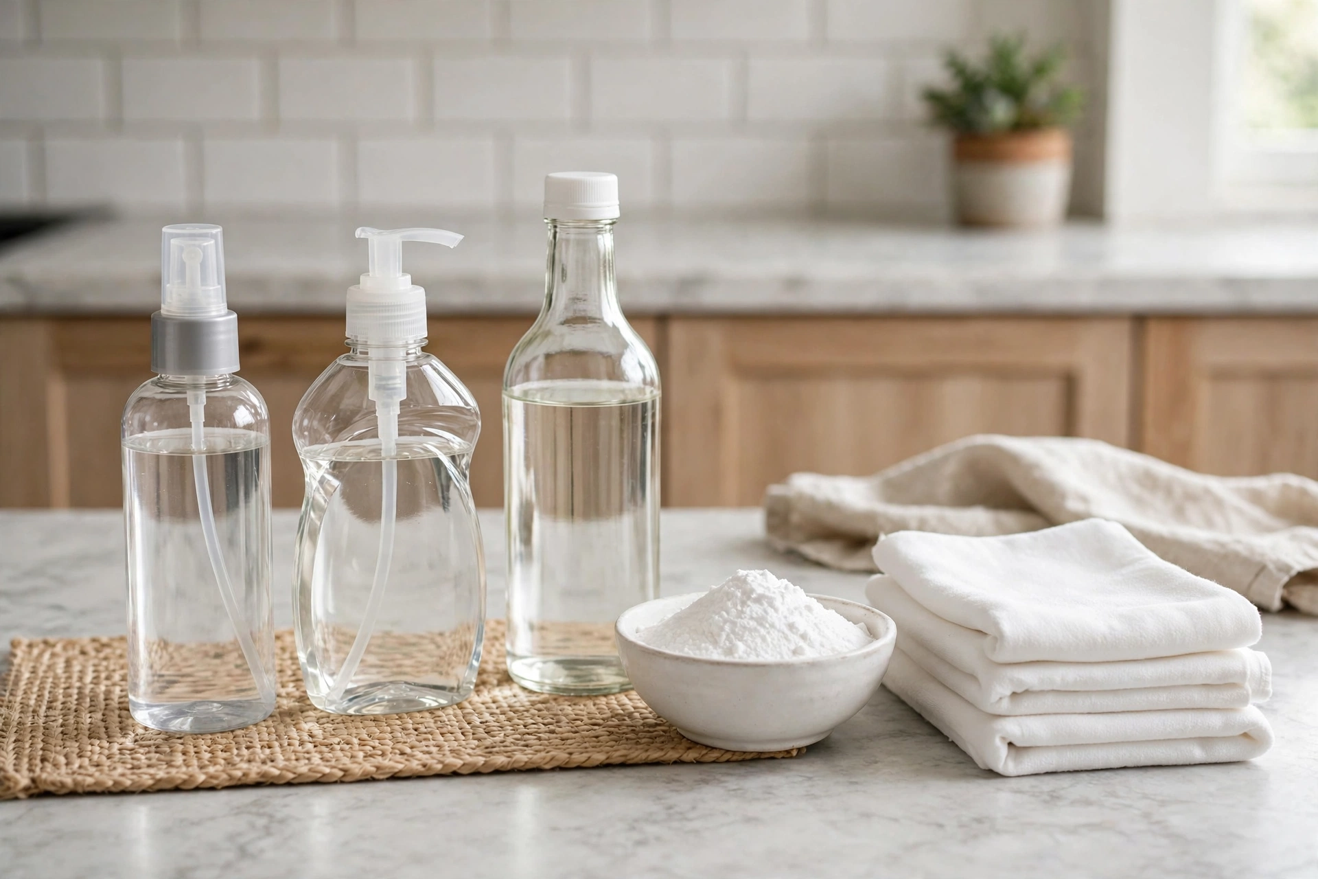 Household stain removal supplies arranged on a counter including dish soap, vinegar, and baking soda