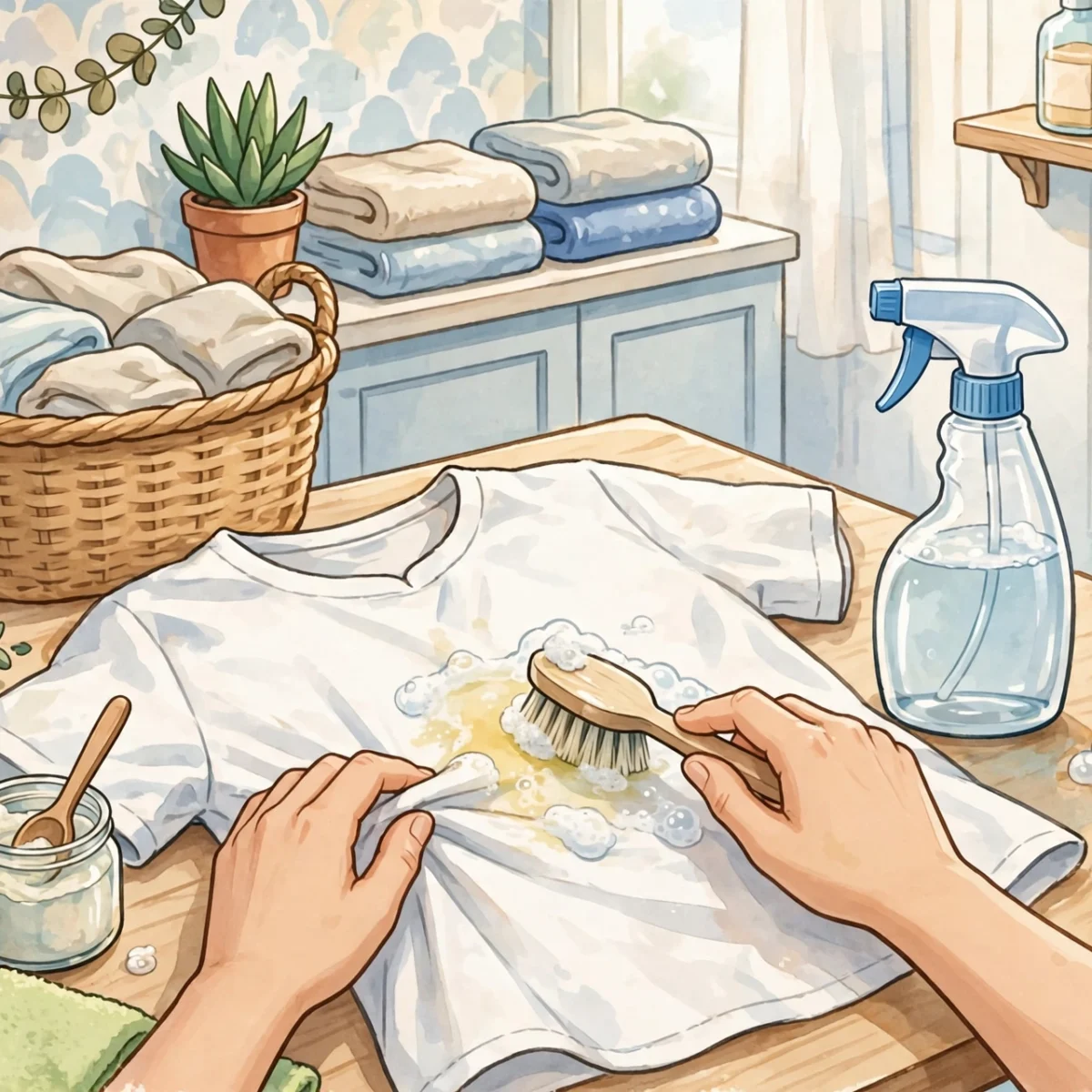Hands treating a stain on a white shirt with household cleaning supplies in a bright laundry room