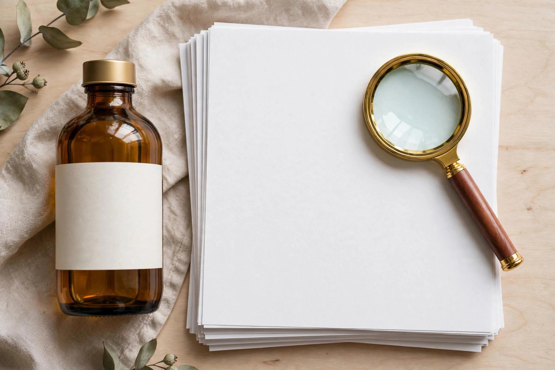 Amber oil bottle with a blank label beside blank documents and a magnifying glass