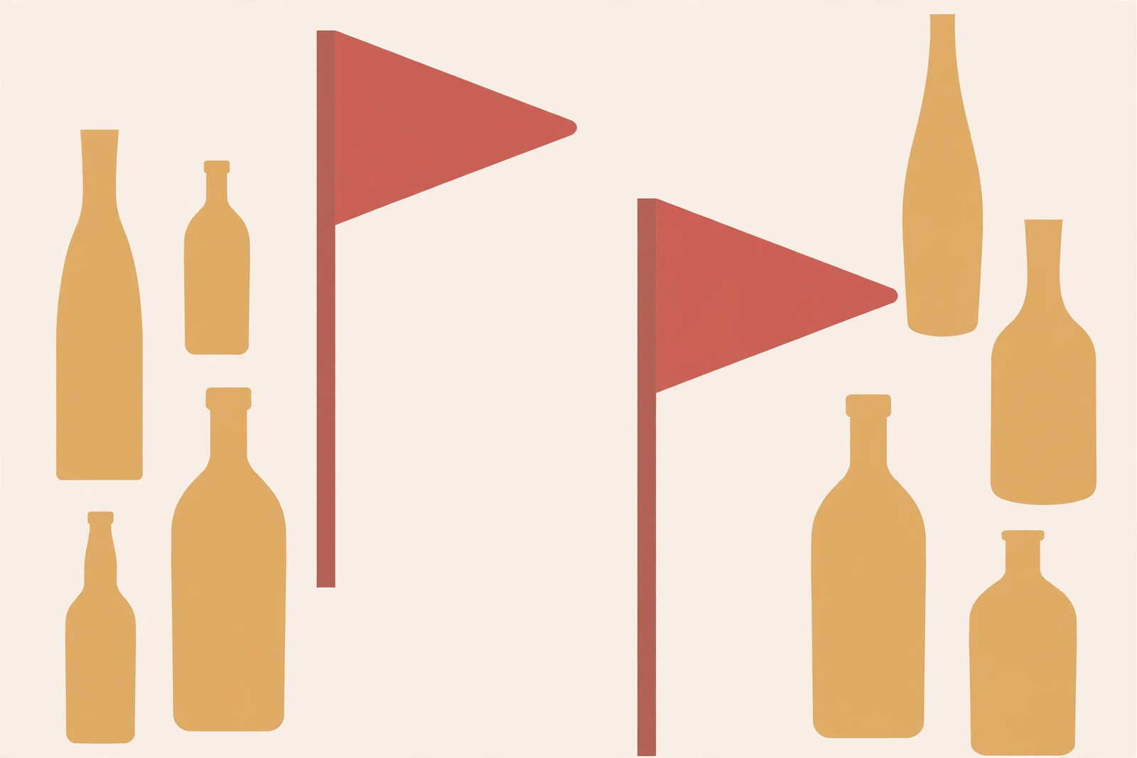 Flat illustration of red warning flags among amber bottle silhouettes
