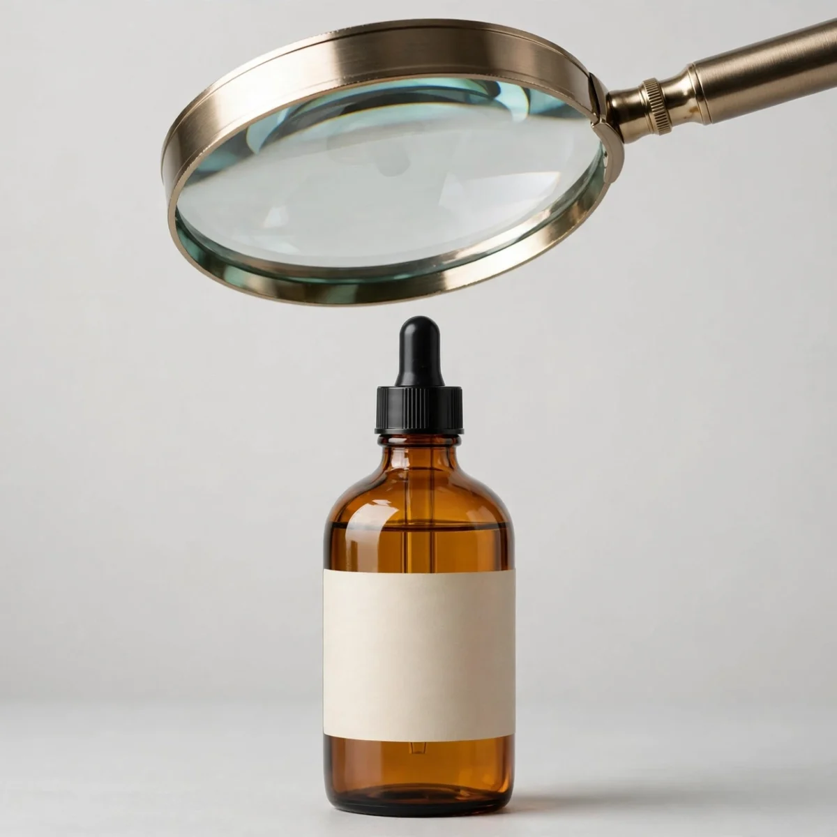 Magnifying glass inspecting an amber CBD oil bottle with a blank label