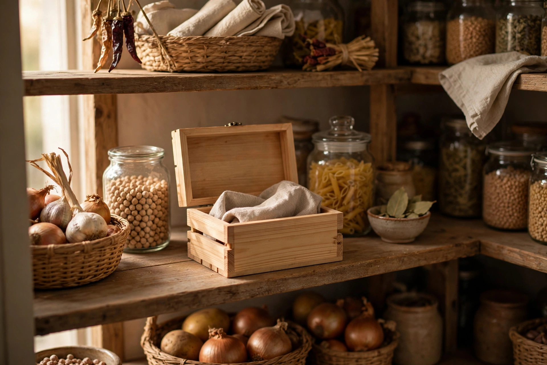 Open wooden storage box on a pantry shelf in warm light