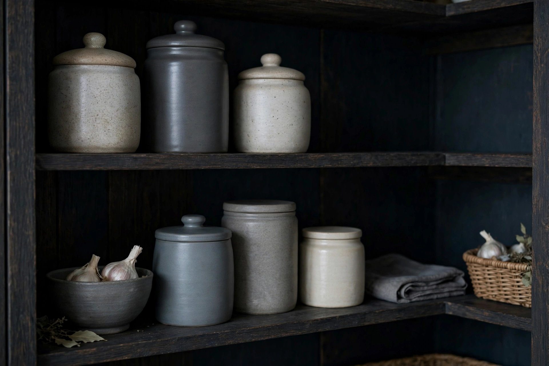 Ceramic jars on a cool dark pantry shelf
