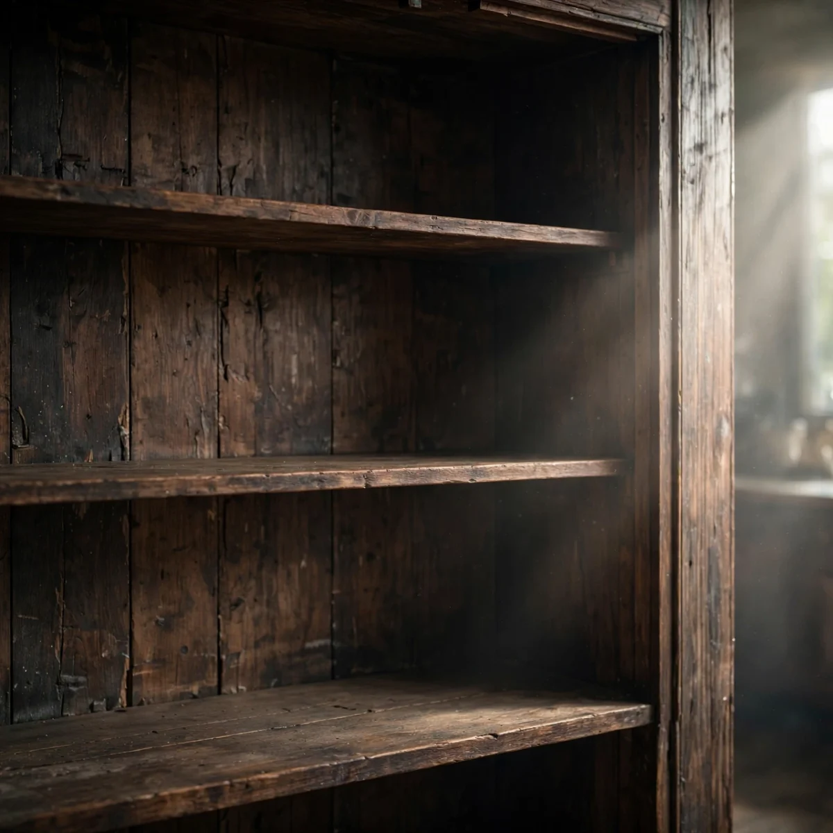 Inside of a dark wooden cupboard with empty shelves, ideal for CBD oil storage