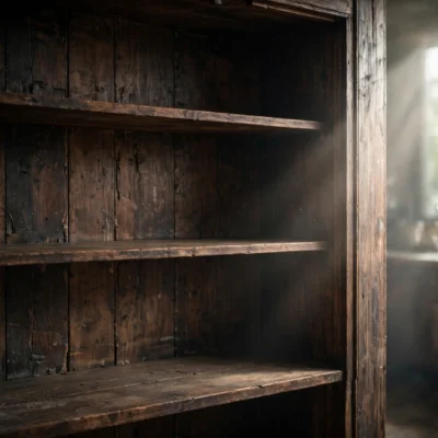 Inside of a dark wooden cupboard with empty shelves, ideal for CBD oil storage