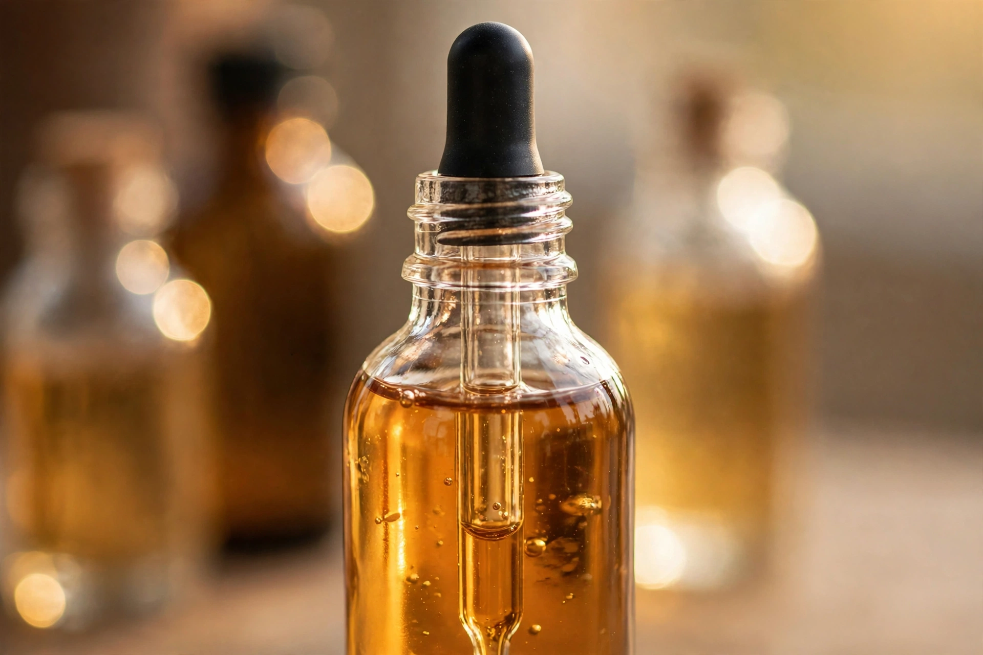 Close-up of an e-liquid dropper bottle filled with amber liquid