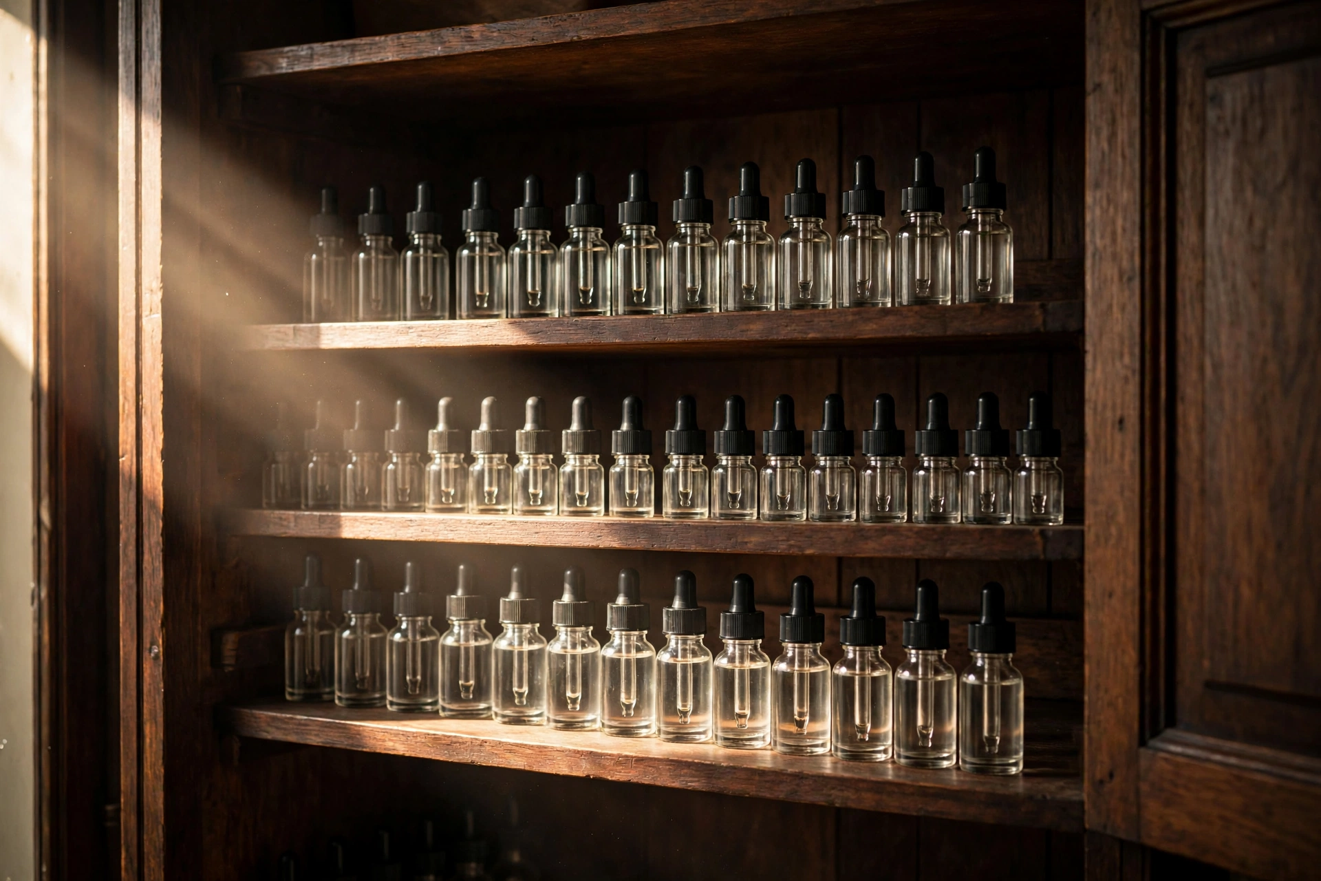 E-liquid bottles stored upright inside a cool dark cupboard