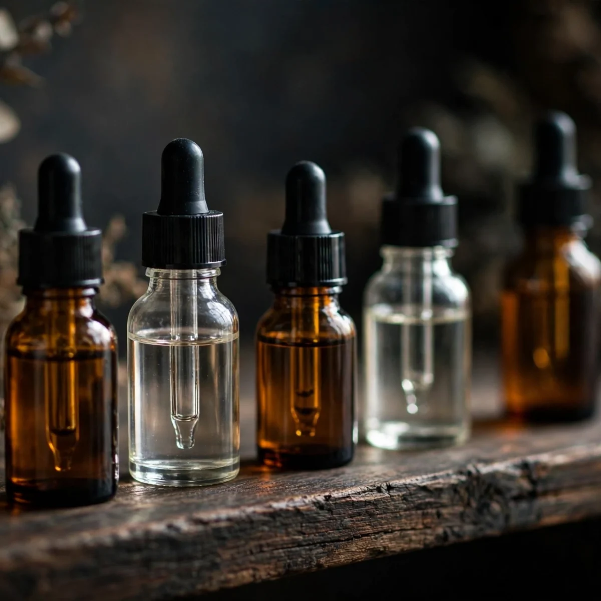 E-liquid bottles neatly arranged on a dark shelf away from light