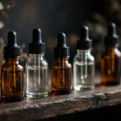E-liquid bottles neatly arranged on a dark shelf away from light