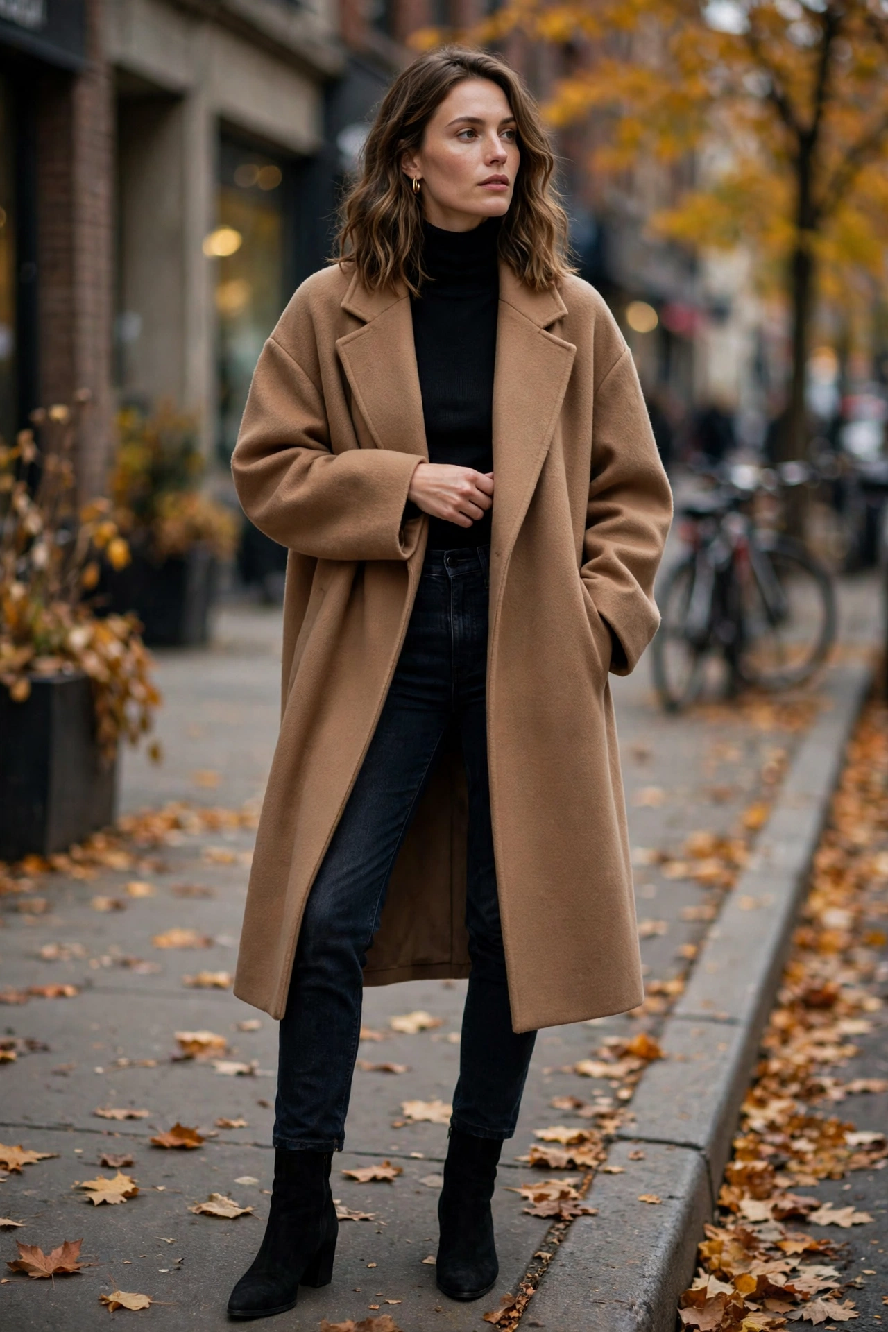 Woman layering an oversized camel coat over a fitted black turtleneck for fall