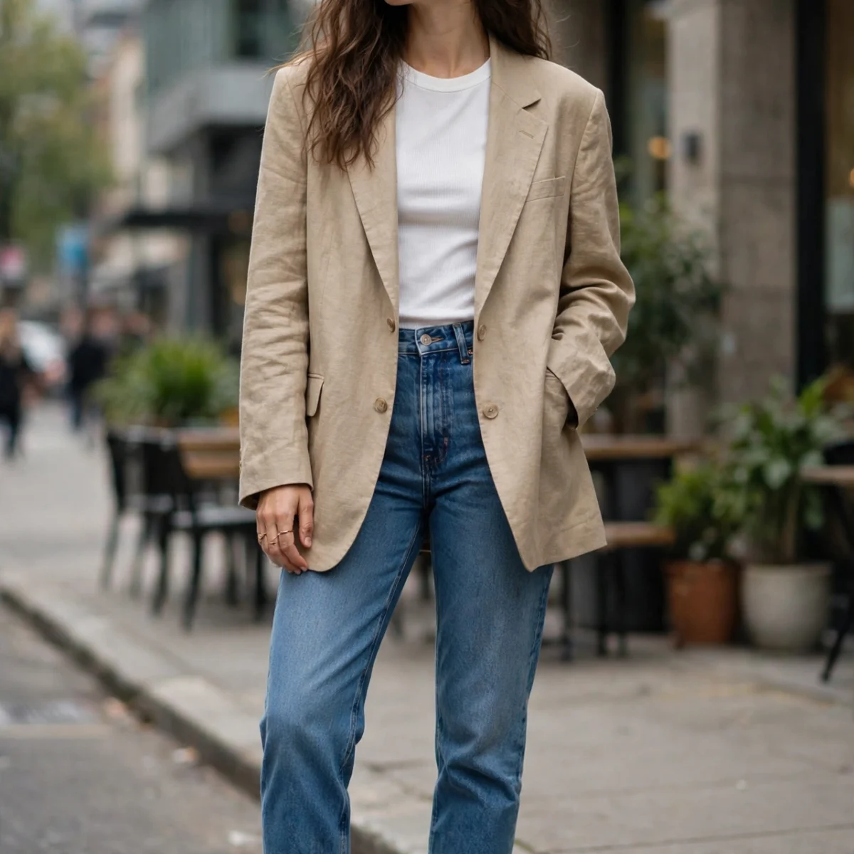 Woman styling oversized clothes with an oversized beige blazer, fitted white top, and straight-leg jeans
