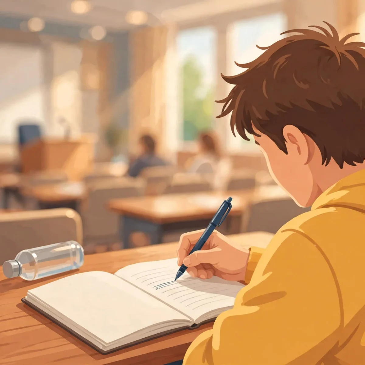 Student taking Cornell method notes in a notebook during class