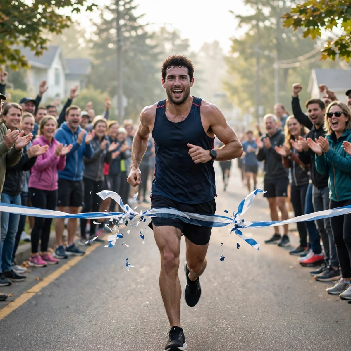 Runner crossing the finish line of a 5K race with a cheering crowd