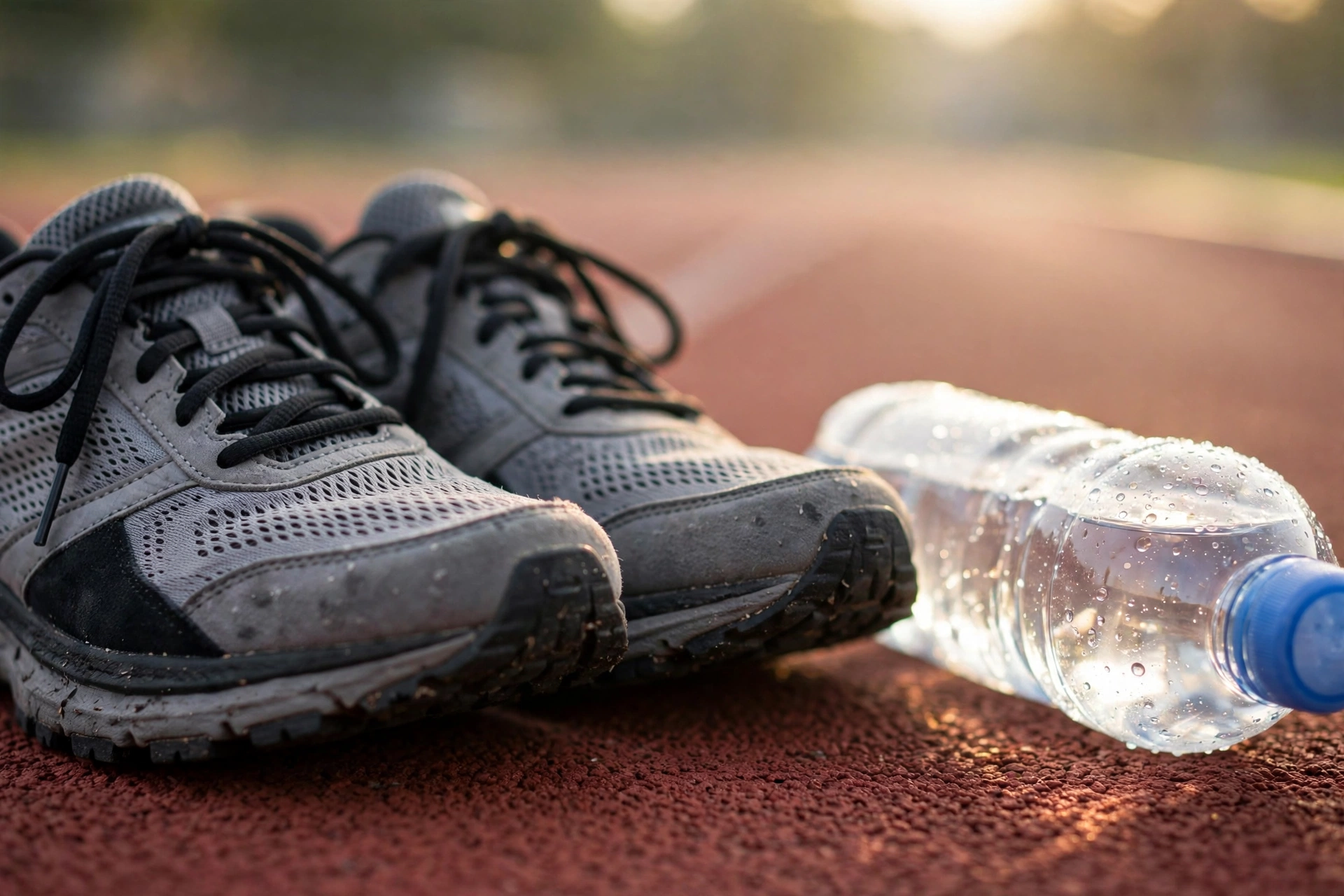 Running shoes and water bottle on a track beside a race course