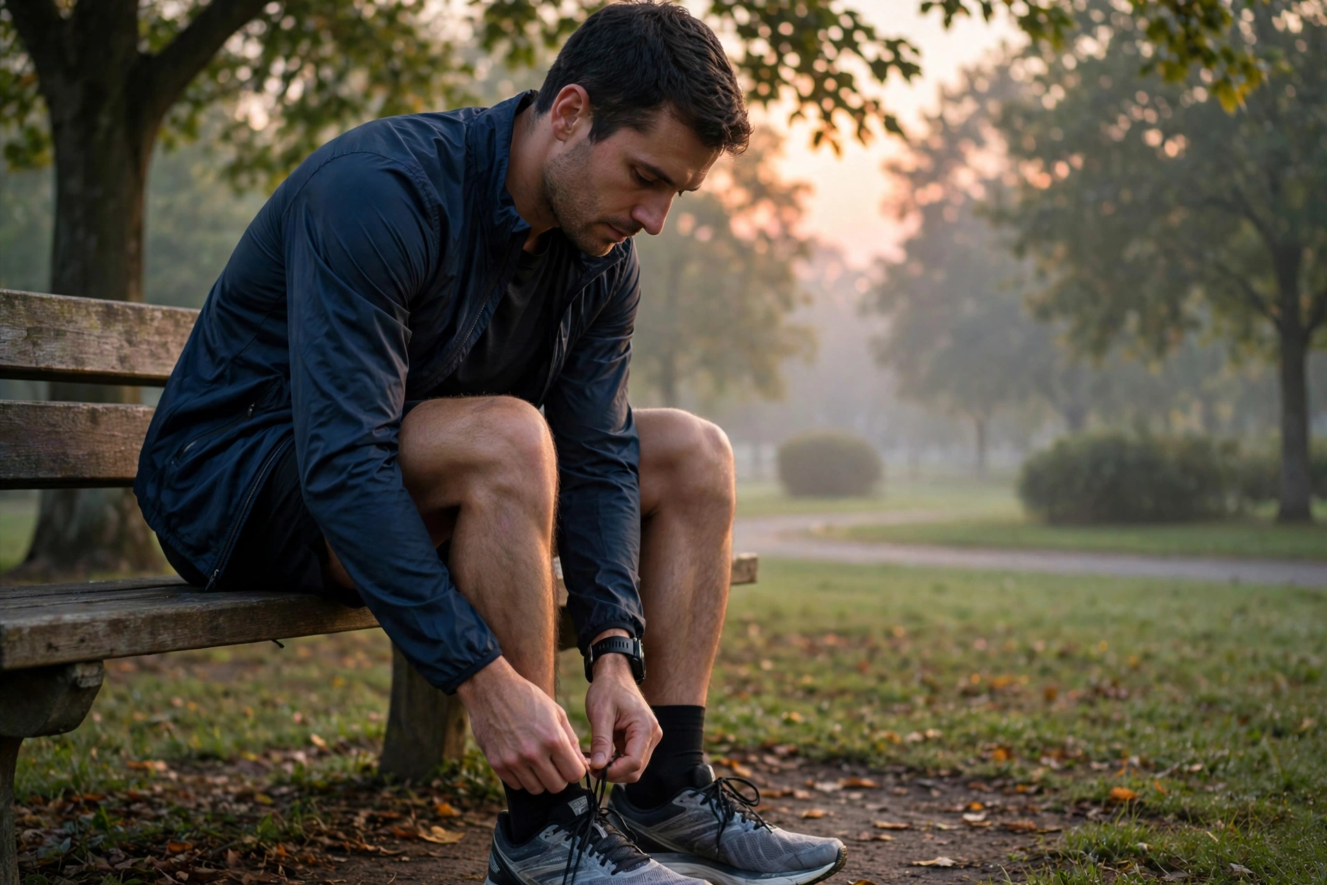 Runner tying running shoes before an early morning training run